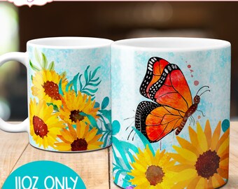 Watercolor monarch butterfly mug design for sublimation, spring floral mug wrap PNG, 11oz sunflower coffee mug template design download