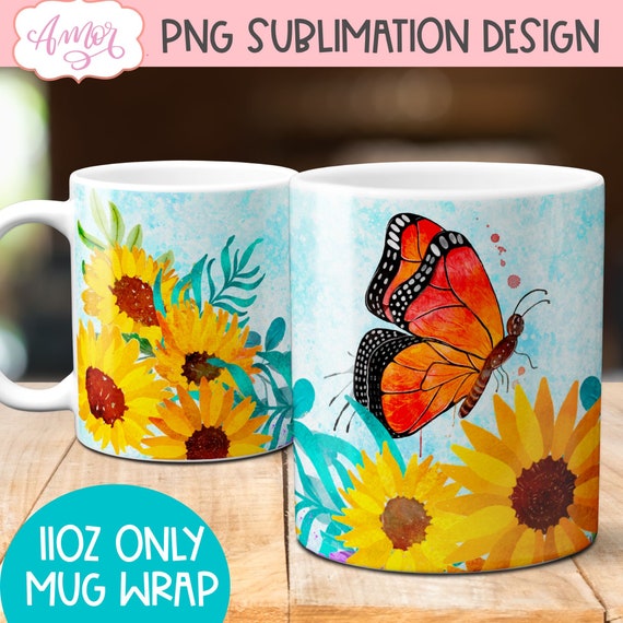 Watercolor monarch butterfly mug design for sublimation, spring floral mug wrap PNG, 11oz sunflower coffee mug template design download