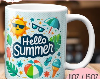 Hallo zomer mok wrap PNG voor sublimatie, zomerliefhebber koffiemok sjabloon voor 11oz mokken, strandvakantie vakantie 15oz mok instant download