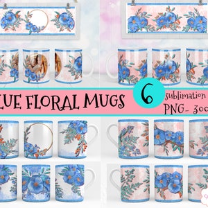 BUNDLE Blue watercolor Floral mug wraps PNG for sublimation, Customizable Photo coffee mug PNG template design | Hand painted flowers