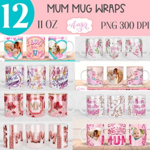 Paquete de 12 tazas de mamá envuelve sublimación PNG, plantilla de taza Photo Mum para regalo del Día de la Madre, archivo de taza de café para tazas de 11 oz descarga digital