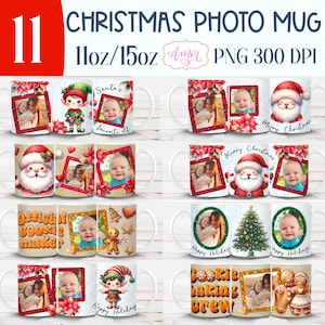 Bündel von 11 Weihnachtsfotobecher-Wrap-Vorlagen für Sublimation, anpassbare Weihnachtsmann-Tasse PNG, süße Elfen-Kekse Bild-Kaffeetasse-Download