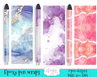 Op de afbeelding: Drie digitale pen wrap-ontwerpen met abstracte aquarelpatronen met gouden glitteraccenten. De ontwerpen omvatten blauw en paars, paars en wit, en roze en oranje.
