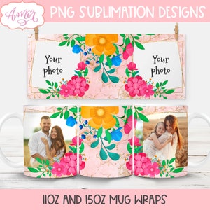 Adicione seu próprio modelo de caneca de fotos para sublimação, envoltório de caneca floral completo, caneca de café personalizável Modelo imprimível PNG, caneca personalizada png