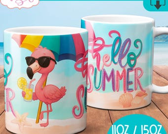 DIGITAL DOWNLOAD Hello Summer mug wrap sublimation PNG beach lover coffee mug template for 11oz mugs holidays vacation cute pink flamingo