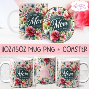 Mejor mamá del mundo Mug Wrap PNG para el Día de la Madre, plantilla de taza de 11oz 15oz para sublimación, descarga de diseño PNG de montaña rusa floral
