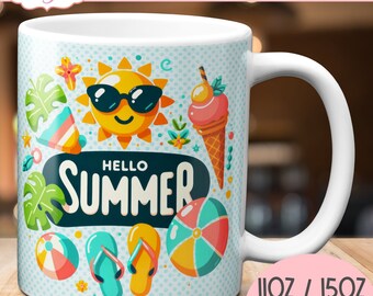 Hallo zomer mok wrap PNG voor sublimatie, zomerliefhebber koffiemok sjabloon voor 11oz mokken, strandvakantie vakantie 15oz mok instant download