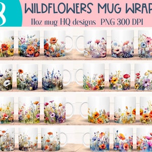 Bundel van 8 wilde bloemen mok sublimatie ontwerpen, aquarel bloemen 11oz mug wraps png, lente mok sjabloonontwerpen digitale instant download