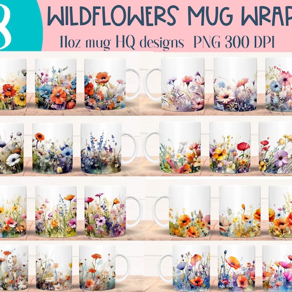 Pacchetto di 8 disegni di sublimazione di tazze di fiori di campo, involucri di tazze floreali da 11 once in acquerello png, disegni di modelli di tazze primaverili download immediato digitale