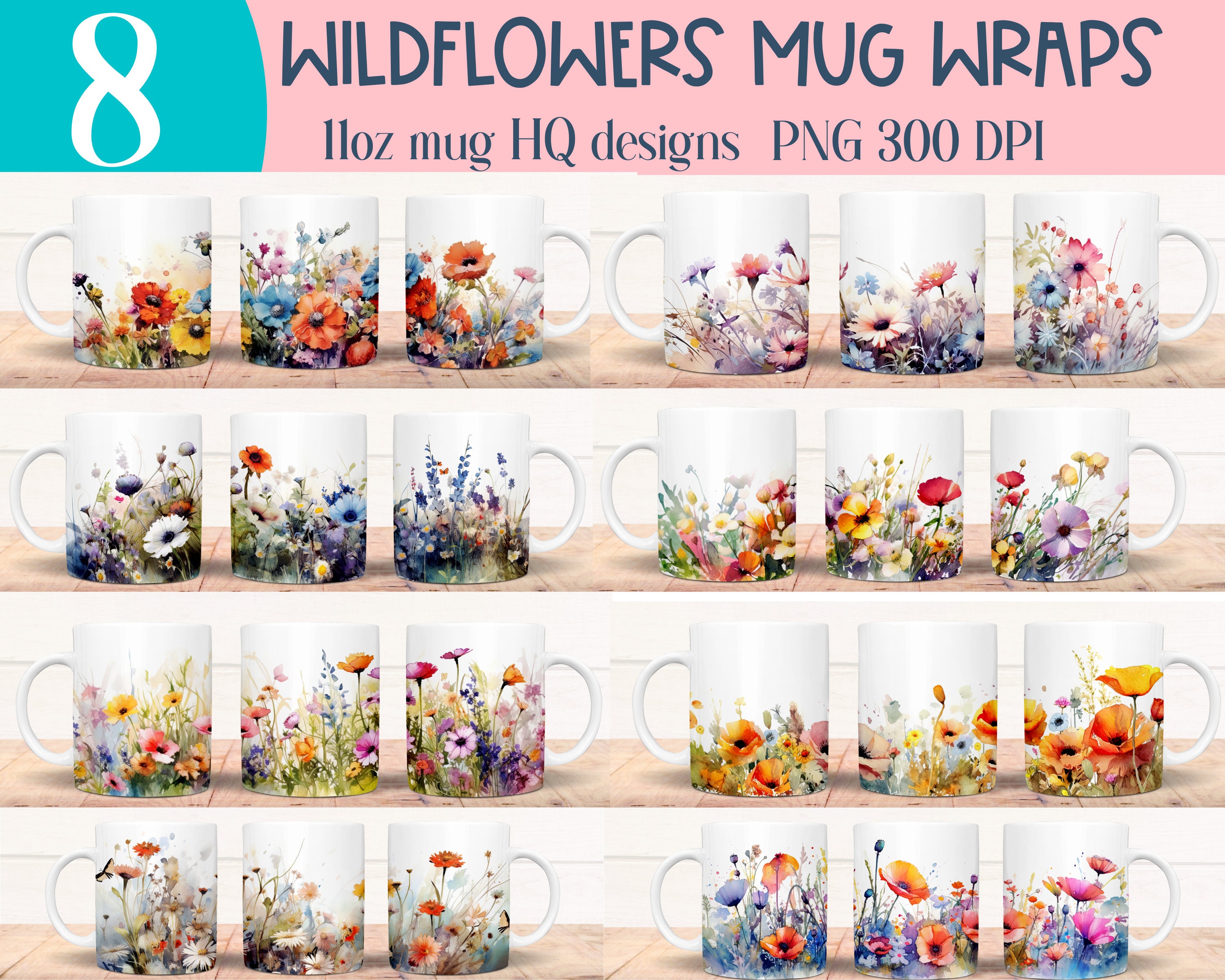 Bundle of 8 wildflowers mug sublimation designs, watercolor floral 11oz mug wraps png, Spring mug template designs digital instant download