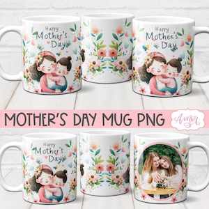 Feliz Día de la Madre envoltura de taza PNG para sublimación, Linda plantilla de taza de foto / Marco de imagen floral taza de café descarga de regalo personalizable