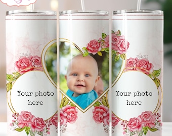 Floral Photo tumbler wrap sublimation PNG, Heart picture frame tumbler template PNG, Watercolor floral roses for custom 20oz tumbler, gift