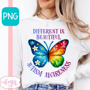 DIGITAL DOWNLOAD Autismus Bewusstsein T-Shirt PNG unterschiedlich ist schön Sublimation Design Autismus Akzeptanz Shirt bunter Schmetterling png Datei