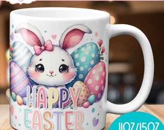 Happy Easter mug PNG for sublimation, Cute Easter Bunny Mug Wrap, Spring Design for 11oz and 15oz coffee mugs, easter eggs mug template