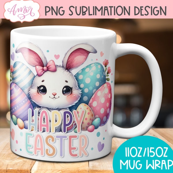 Happy Easter mug PNG for sublimation, Cute Easter Bunny Mug Wrap, Spring Design for 11oz and 15oz coffee mugs, easter eggs mug template