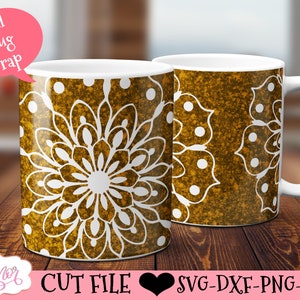 May include: A white ceramic mug with a gold and white mandala design. The mug is wrapped with the design and the text "Full mug wrap" is on a pink circle.