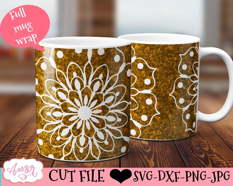 May include: A white ceramic mug with a gold and white mandala design. The mug is wrapped with the design and the text "Full mug wrap" is on a pink circle.