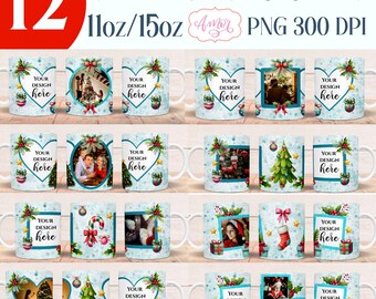 DIGITALE DOWNLOAD Kerstfoto mok wrap PNG voor sublimatie Aanpasbare kerst seizoen koffiemok sjabloon foto mok wrap png bundel