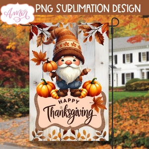 DIGITAL DOWNLOAD Happy Thanksgiving garden flag PNG for sublimation design, Fall flag template, Cute gnome pumpkins yard flag 12X18 file