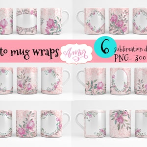 Bündel von 6 Blumenfotobecher-Vorlagen für Sublimationsdruck, anpassbare Vollbecherverpackung, personalisierte Kaffeebecher PNG-Vorlage