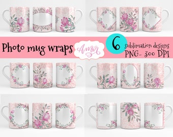 Bundle of 6 floral photo mug templates for sublimation, customizable full mug wrap, personalizable coffee mug PNG printable template