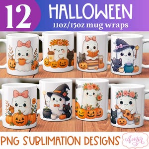 May include: A collection of 12 Halloween-themed white ceramic mugs. Each mug features a cute ghost design with pumpkins, cats, and floral accents. The text "HALLOWEEN" and "11oz/15oz mug wraps" are displayed at the top.