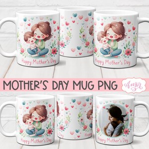 Feliz Día de la Madre foto taza envoltura PNG para sublimación, Linda plantilla de taza con imagen de mamá / Taza de café con marco floral descarga de regalo personalizable