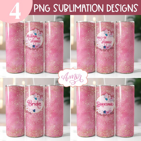 Bundle wedding tumbler wraps PNG for sublimation, pink bridesmaid tumbler template, bride bachelorette party diy gifts instant download