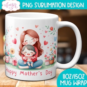 Happy Mother's Day Becher Vorlage für Sublimationsdruck, Mama und Tochter Becher Wrap PNG, süßes Mama Kaffeebecher Design, digitale Grafik-Sofortdownload