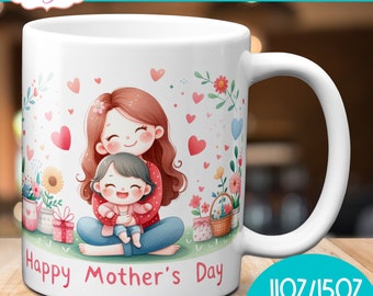DIGITAL NEDLADDNING Glad mors dag-muggmall för sublimering, mamma och dotter-muggomslag PNG, söt mamma-kaffemugg grafisk design