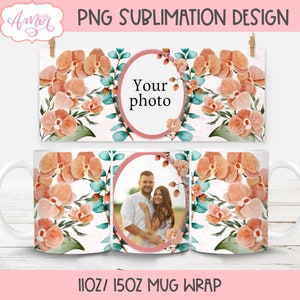 Modelo de caneca com foto floral em aquarela para sublimação, envoltório de caneca com flores de orquídea para presentes personalizados, download digital de caneca com porta-retratos