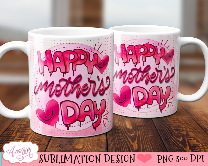 May include: White ceramic mug with a pink and red design that says "Happy Mother's Day" with hearts and dripping paint effects.