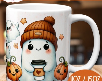 DIGITAL DOWNLOAD Fall mug wrap PNG for sublimation, Cute ghost with a beanie 11oz 15oz mug template, Halloween pumpkins png design files
