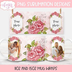 Modelo de caneca com foto de flores de rosas em aquarela para sublimação, Envoltório de caneca floral para impressão para canecas de sublimação personalizadas download digital