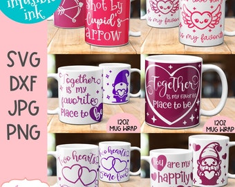 Bundle Valentine's day mug wrap SVG, Customizable love coffee mug SVG designs | Cricut mug press infusible ink template for 12oz cricut mugs