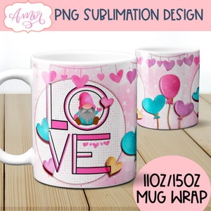 昇華用バレンタイン コーヒー マグ ラップ PNG、11 オンスと 15 オンス用のかわいいノーム ラブ マグ テンプレート | デジタル グラフィックの即時ダウンロード キッズ
