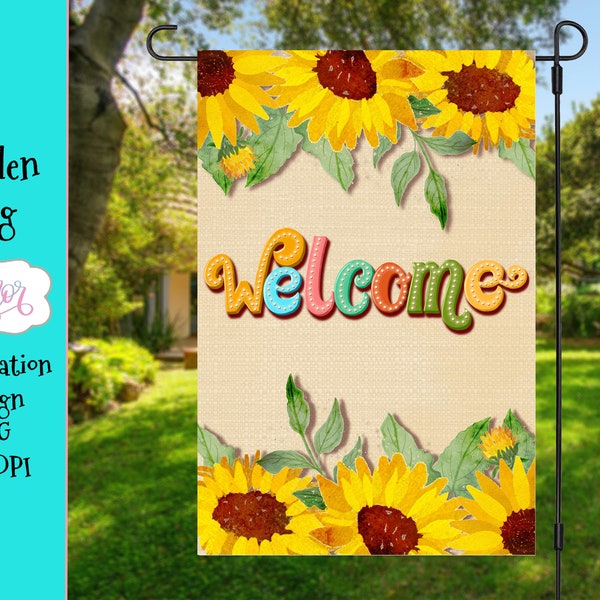 Welcome garden flag PNG for sublimation design, Floral sunflowers garden flag sublimation template, yard flag PNG printable 12X18