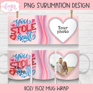 Fügen Sie Ihre eigene Fotobecherverpackung PNG für Sublimation, Bildbechervorlage für 11 Unzen und 15 Unzen | Jubiläum Verlobungs Tasse Designdatei Download