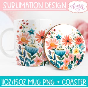 Wildflowers mug sublimation design, watercolor floral 11oz mug wraps png, Spring mug template designs digital download coaster graphic 15oz