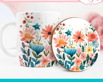 Conception de sublimation de tasse de fleurs sauvages, tasse florale aquarelle de 11 oz enveloppe png, modèle de tasse de printemps conçoit le graphique de sous-bock en téléchargement numérique 15 oz