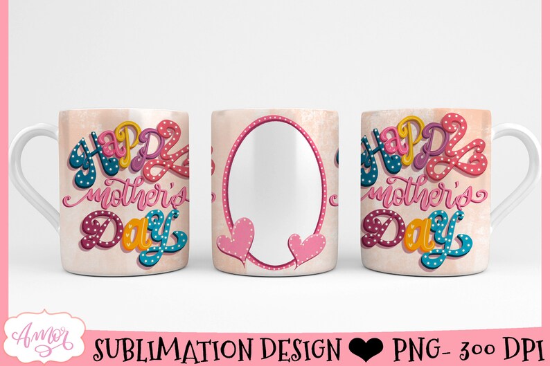 Puede incluir: Un dise&ntilde;o de sublimaci&oacute;n para una taza con un dise&ntilde;o de lunares rosa, amarillo, azul y blanco con el texto "Feliz D&iacute;a de la Madre". El dise&ntilde;o se muestra en una taza blanca con asa.