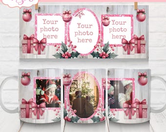 DIGITALE DOWNLOAD Roze kerst foto mok wrap png voor sublimatie aanpasbare kerst seizoen koffiemok sjabloon foto mok wrap png