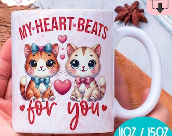 DIGITAL DOWNLOAD Valentines Day Mug wrap sublimation PNG Cat lover 11oz coffee mug template png cute cat owner valentines 15oz mug design