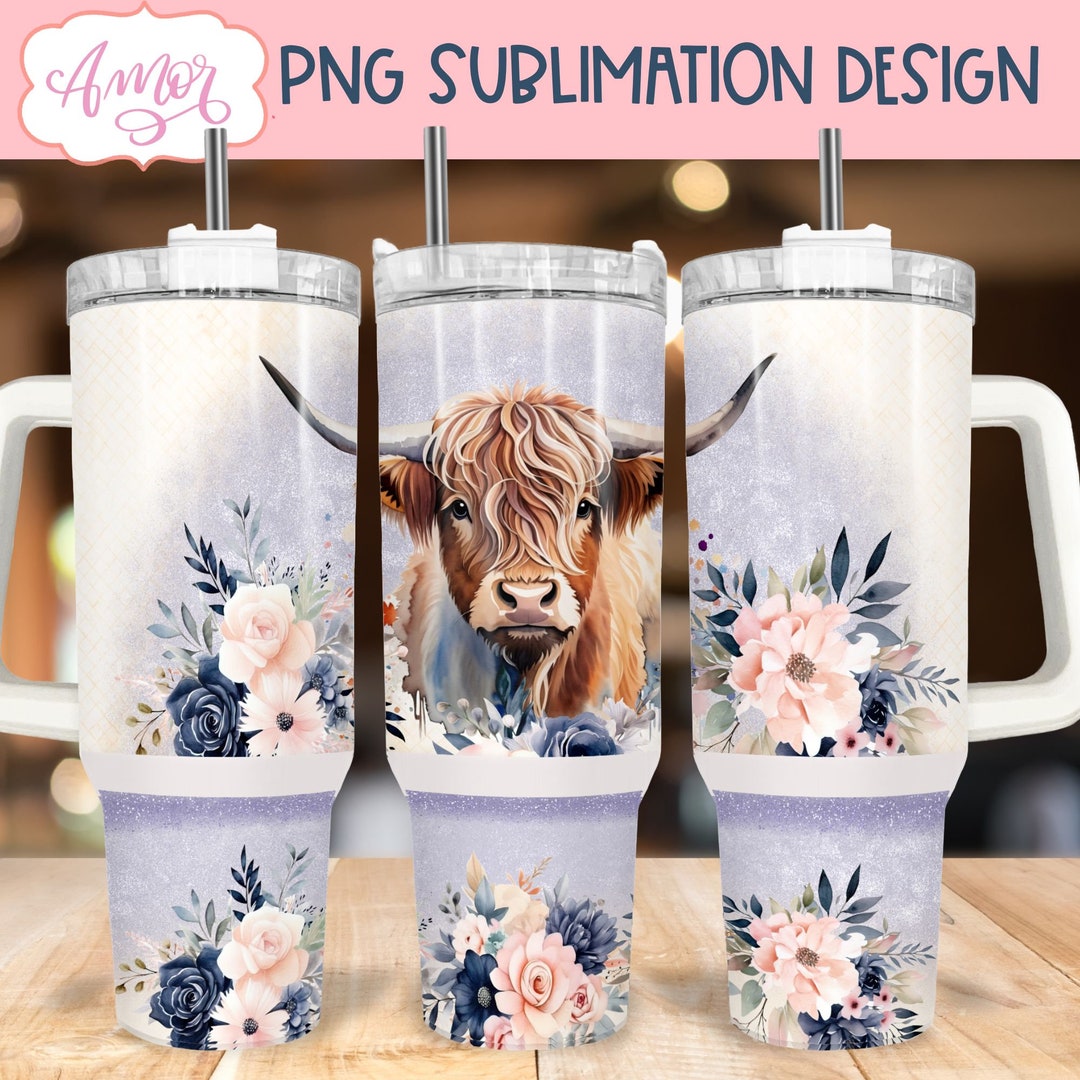 Highland Cow 40oz Tumbler PNG, Floral Tumbler Wrap for Sublimation ...