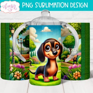 DESCARGA DIGITAL Lindo vaso para beber con forma de Dachshund, sublimación PNG, plantilla para vaso de 12 oz, diseño personalizable para envolver vasos para niños, animal bebé png