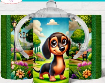 DIGITAL DOWNLOAD Cute Dachshund sippy cup sublimation PNG dog 12oz tumbler template baby animal customizable kids tumbler wrap design png
