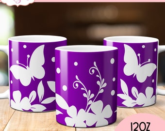 Archivos SVG de taza de mariposa para Cricut, hojas de tinta infusible SVG de envoltura de taza floral, plantilla de prensa de taza Cricut, archivo de corte de plantilla de taza Cricut de 12 oz