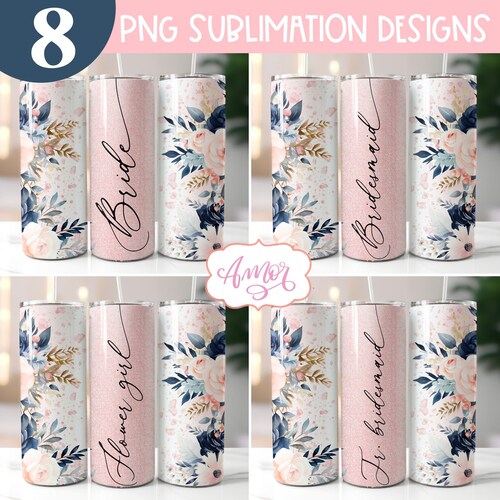 Paquete de envoltura para vasos de boda PNG para diseños de sublimación de vasos delgados de 20 oz, plantilla de vaso de novia JPG recto, despedida de soltera floral