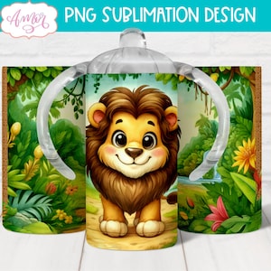DESCARGA DIGITAL Lindo vaso para beber con forma de león bebé, vaso para beber con forma de animal de la jungla PNG para sublimación, archivo de plantilla de vaso personalizable para niños de 12 oz