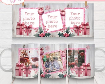 DIGITALE DOWNLOAD Roze kerst foto mok wrap png voor sublimatie aanpasbare kerst seizoen koffiemok sjabloon foto mok wrap png